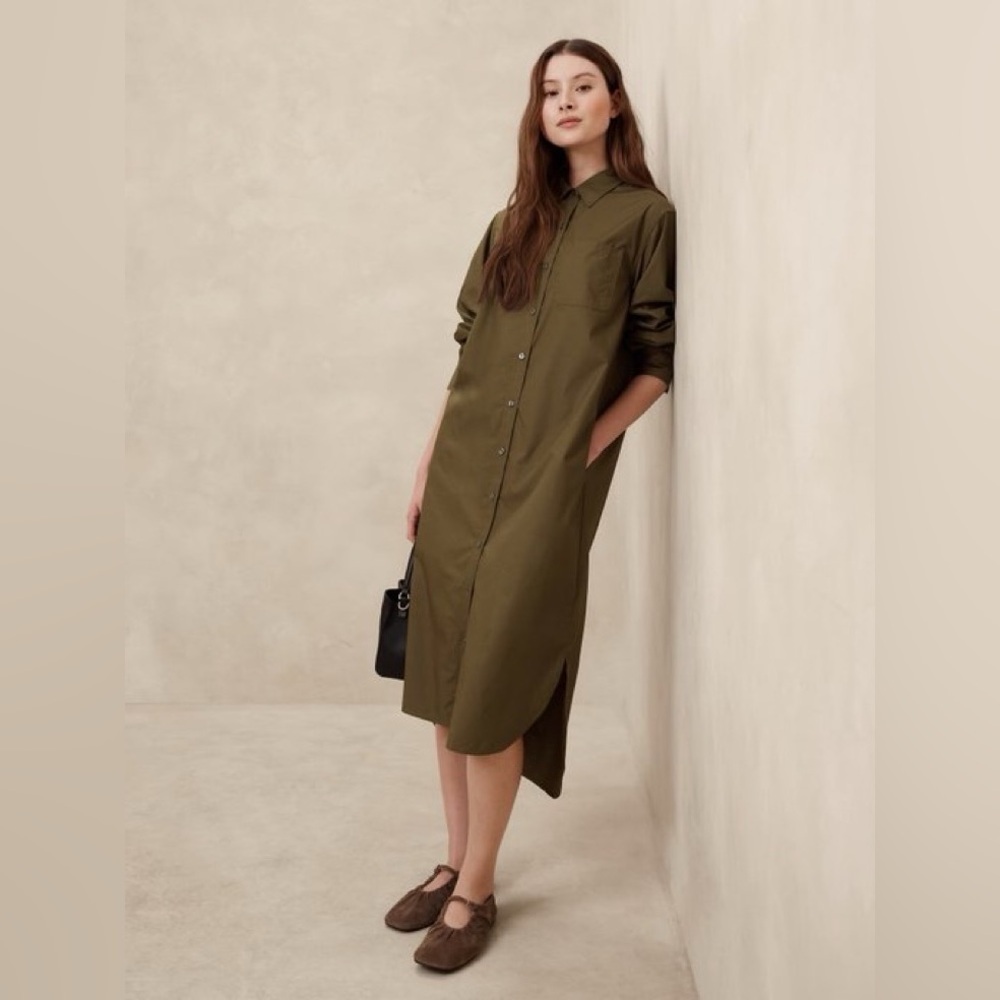 Banana Republic Olive Green Button-Front Midi Shirt Dress